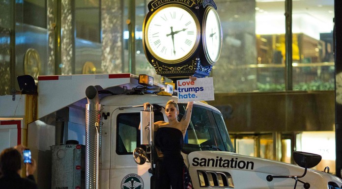 Lady Gaga heads straight to Trump Tower to stage a protest