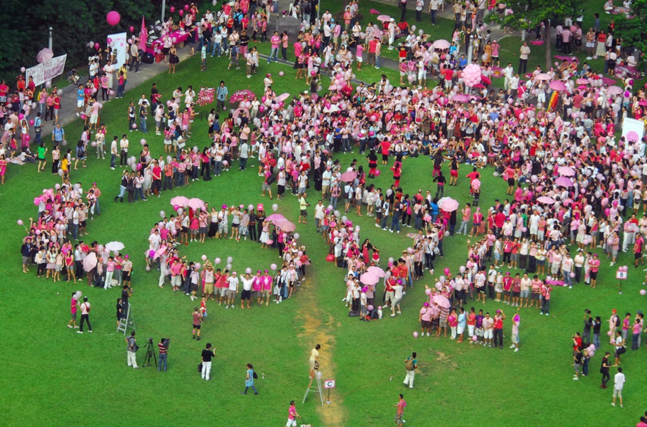 Participants of the Pink Dot rally gather and form the word 'Love' at the speakers corner. Pic: AP