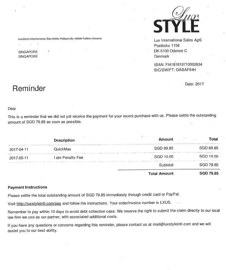reminder letter from luxstyle
