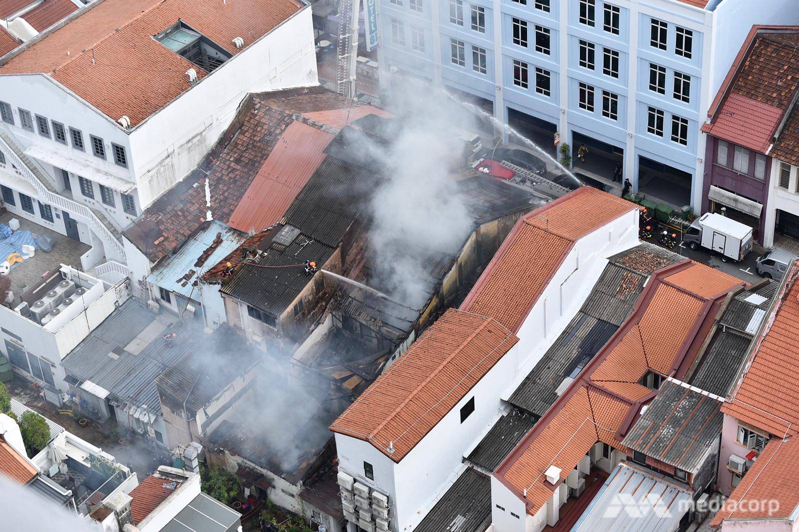 Roof of shophouse along Dickson Road in Little India damaged by fire