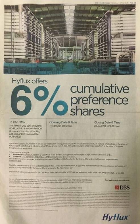 Hyflux's newspaper advertisement for 2011 preference shares