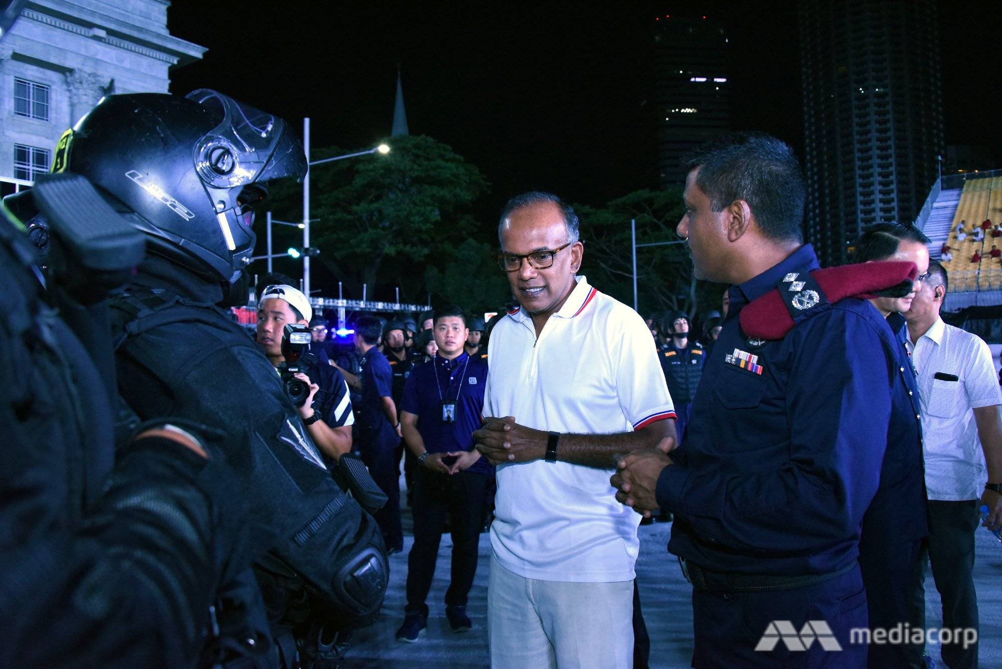 Home Affairs and Law Minister K Shanmugam speaking to officers at a counter-terrorism exercise
