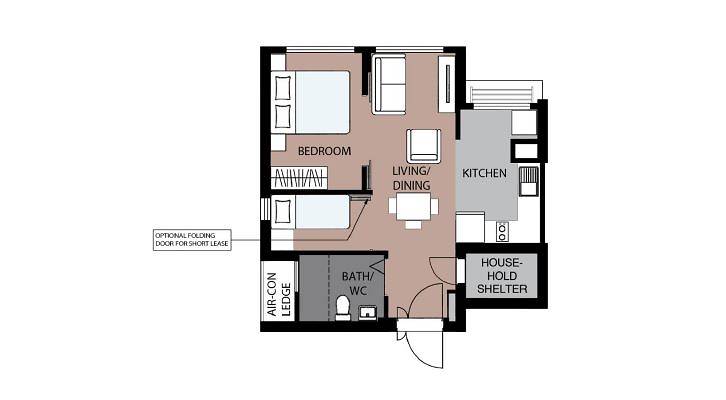 Layout plan for 2-room Flexi flat with flexible space.