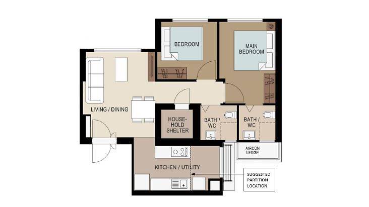 Layout plan of a 3-room flat with a combined wet kitchen utility space at Toa Payoh Ridge.