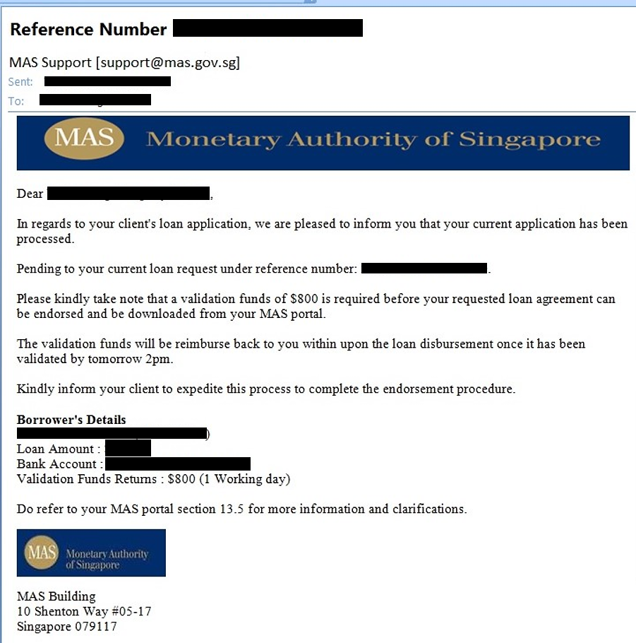 A screenshot of a scam email using MAS' name and logo