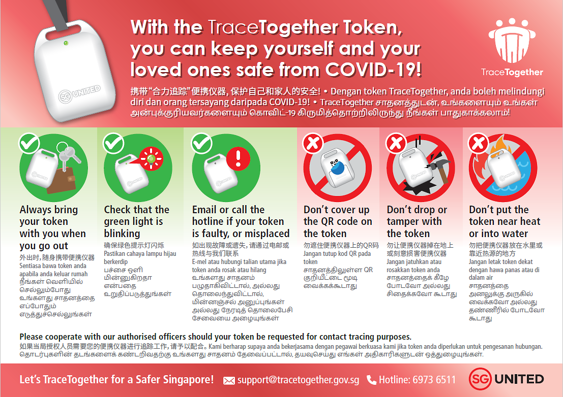 Infographic on care instructions provided for TraceTogether token users: