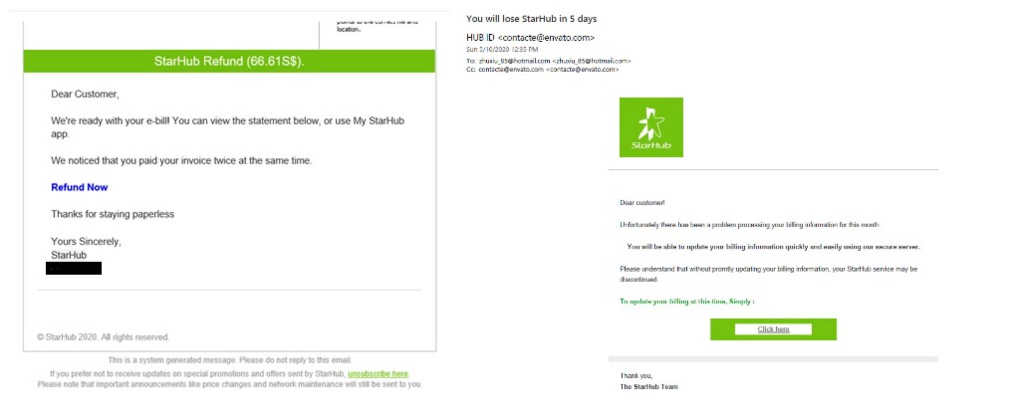 Composite screengrabs of Phishing email impersonating Starhub